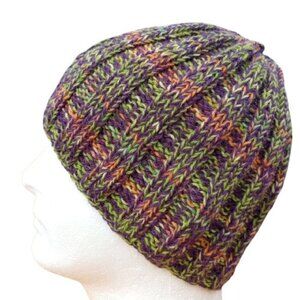 Mens Alpaca Beanie Hat Skully Knit Green Orange Wool Rib USA Handmade One Size